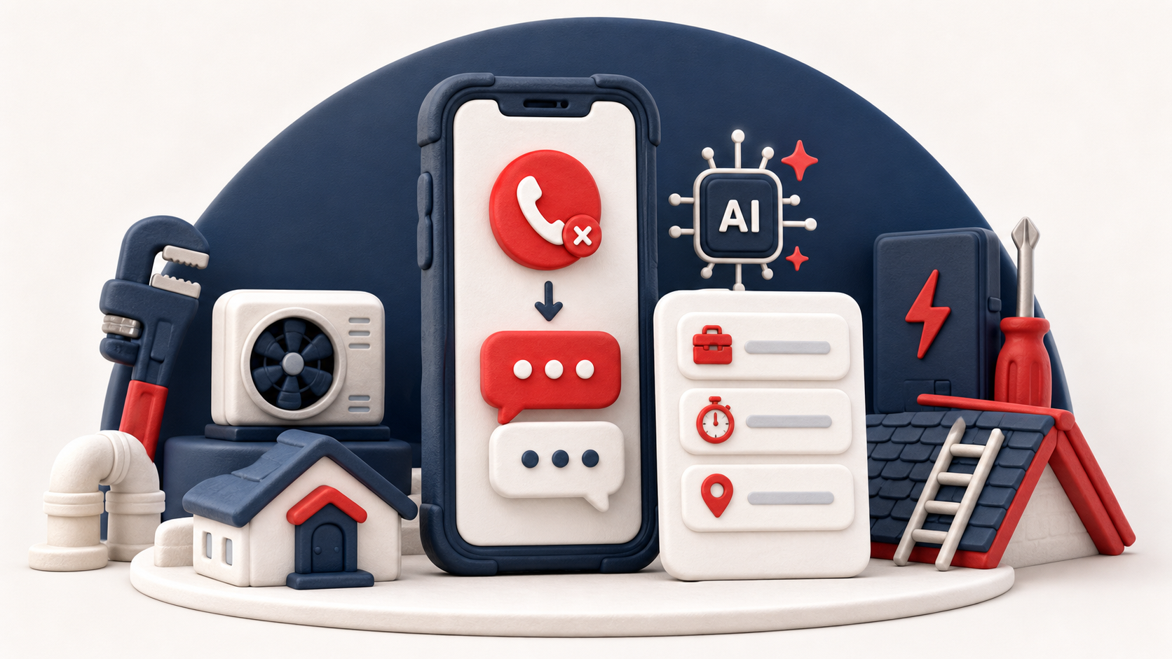 Claymorphic missed-call text-back illustration for contractor lead capture